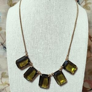 J. Crew Olivine Statement Necklace Green Emerald Cut Faceted Beveled Stones EUC